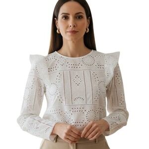 THE KOOPLES White Eyelet Flower Embroidery Ruffle Blouse US Small NWT $245